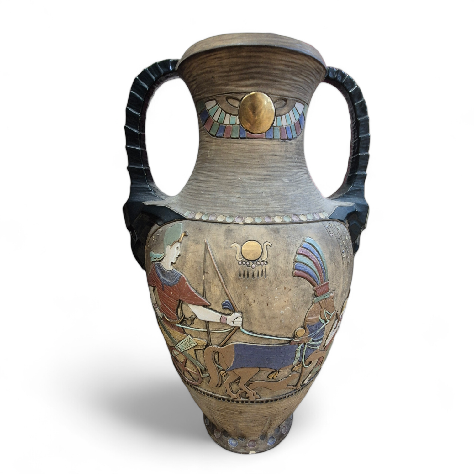 Attributed to Julius Dressler, a large Austrian cold painted terracotta Egyptian revival vase, c.1925, 62cm. Condition- good